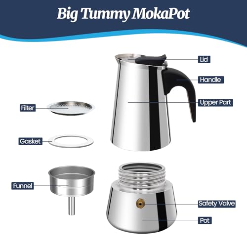 Stainless steel 2-cup Moka pot for espresso brewing by Supvision, featuring compact 100ml capacity and stovetop design.