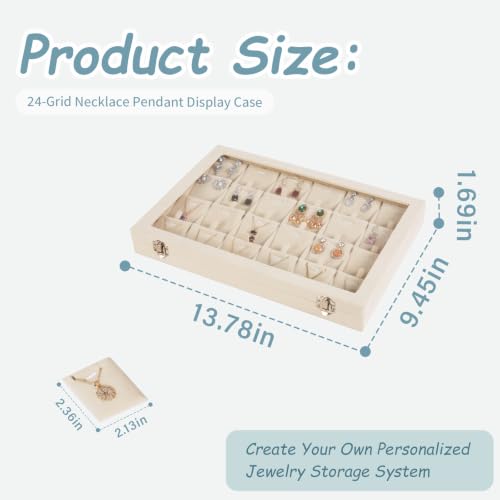 Jewelry Box Necklace Organizer Tray (Beige) Necklace Display Case for Storage Jewelry Necklaces Display Stand 24 Slot Pendant Holder for Women Necklace display Case with Glass Lid 24 Slot Beige