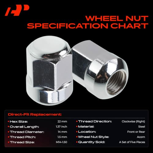 A-Premium M14-1.50 front or rear wheel lug nuts, set of 5, silver metal finish