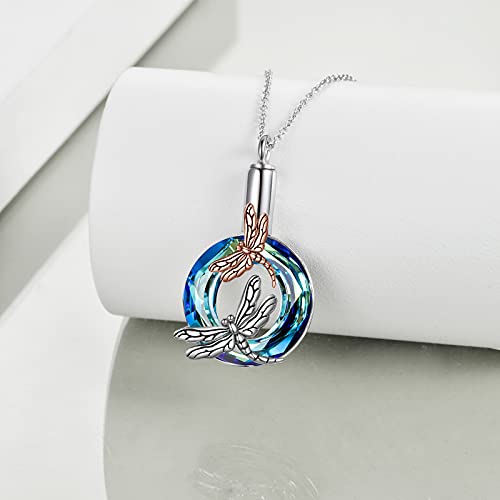 POPLYKE Dragonfly Urn for Ashes Sterling Silver Crystal Dragonfly Urn Pendant Necklace Cremation Jewelry Gifts for Human Pets (Blue)