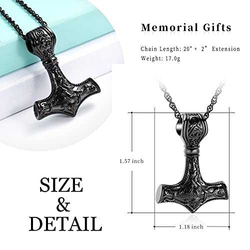 shajwo Mjolnir Thors Hammer Urn Necklace for Ashes for Men Celtic Nordic Viking Cremation Jewelry for Women Keepsake Memorial Ashes Pendant Thor Hammer-Black