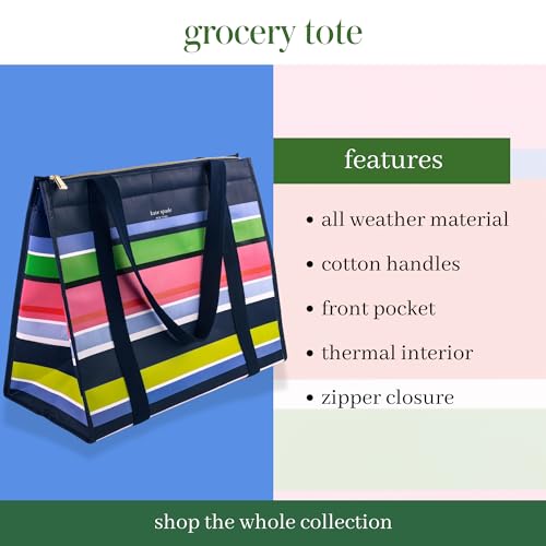 Kate Spade New York insulated grocery tote bag featuring bright yellow and white striped design, reusable and perfect for shopping.
