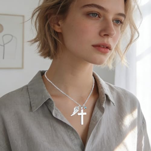 Dletay Cross Urn Necklace for Ashes with 12 Birthstones Cremation Jewelry for Ashes for Women Memorial Ash Keepsake Urn Pendant Silver