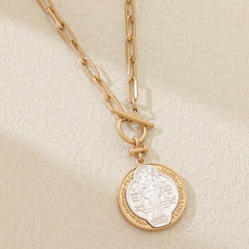 Saint Benedict Medal Necklace for Women, Gold Paperclip Chain Catholic Pendant Necklace, Christian Religious Jewelry Gift, 18 Inch