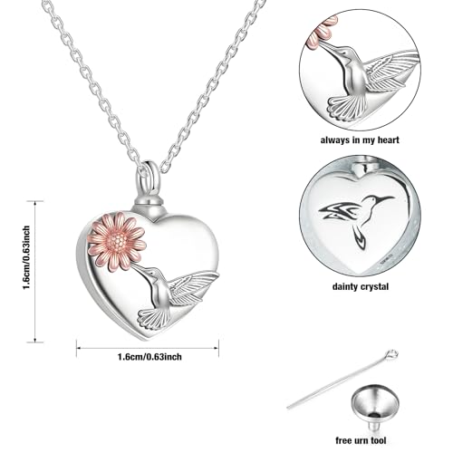 925 Sterling Silver Urn Necklace Gifts for Loss - Heart with Hummingbird Daisy, Ashes Keepsake Memorial Jewelry 18"