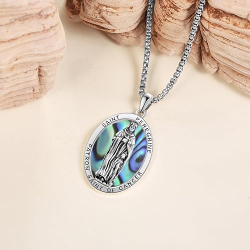 YAFEINI Sterling Silver Santa Muerte/St Peregrine/Hecate/Goddess/Virgin Mary/St Christopher/St Michael/St Jude Necklace Religious Mother's Day Jewelry for Women Mom Men Unisex St Peregrine Abalone