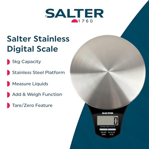 Salter Digital Kitchen Scale – Food Scales, Kitchen Weighing Scales, 5kg Capacity, Stainless Steel Platform, Measure Liquids, Add & Weigh, Tare/Zero Function, 1 x CR2032 Battery Included, 1035 SSBKDR Aquatronic Platform Scale