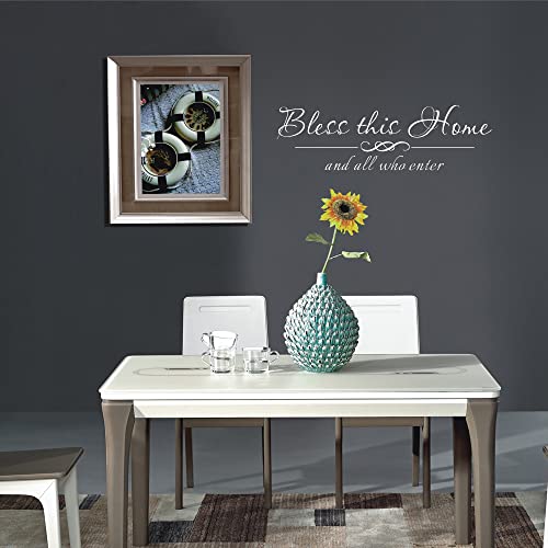 Bless This Home and All Who Enter - Pure Vinyl Wall Decal Quote Carved Letters Home Entryway Lettering Blessed Christian Art Handwriting Stickers Room Decor - White