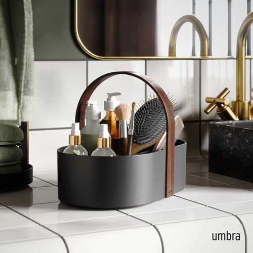 Umbra Bellwood Caddy shower organizer with wooden handle in black and walnut finish, compact and stylish for bathroom storage