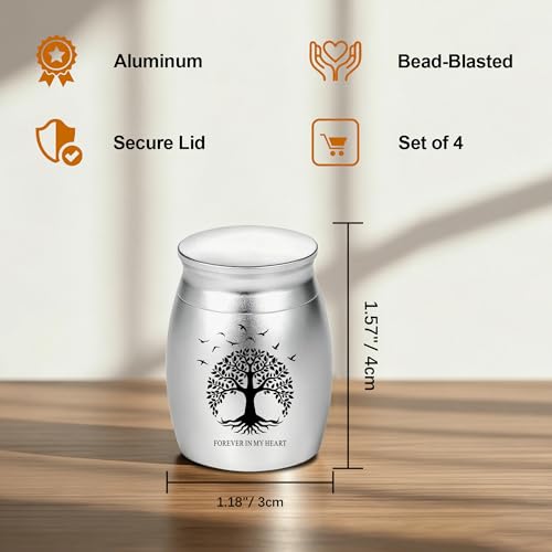 Gredstar Small Urns for Ashes, Set of 4 Mini Cremation Containers for Pet and Human Ashes, Memorial Gifts for Loved Ones (Silve, Tree of Life Memorial) Silve