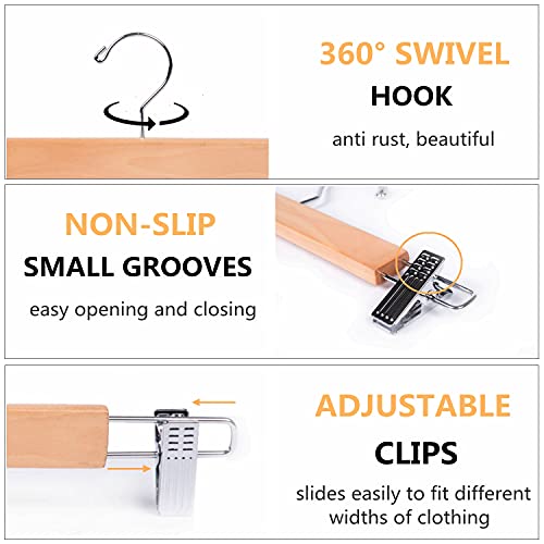 Amber Home 10 Pack Wooden Pant Hangers with Adjustable Clips, 14.17" Ntural Natural