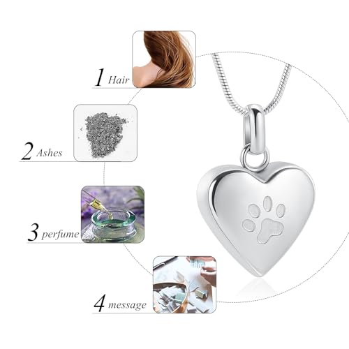 Pet Cremation Jewelry - Paw Print & Heart Urn Pendant Necklace Memorial Keepsake for Dog's & Cat's Ashes Silver