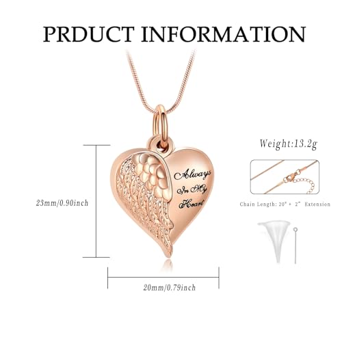 Cremation Jewelry Angel Wing Stainless Steel Heart Urn Necklaces for Ashes Memorial Keepsake Pendant for Women Men Rose Gold