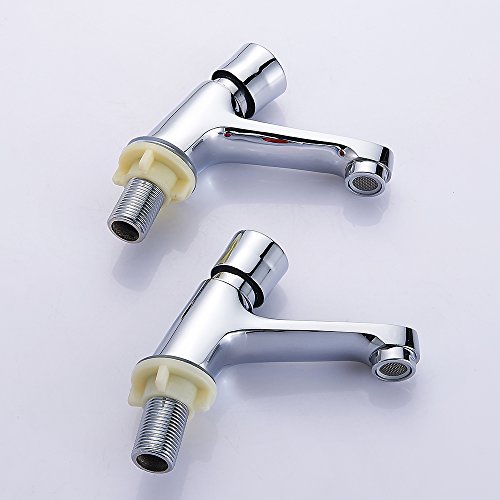 Bathroom Basin Taps Pair, 1/2" Chrome Self Closing Push Button Basin Tap Set, Non-Concussive Time Delay Water Saving Sink Faucets for Home, Hotel, Commercial Public Toilet