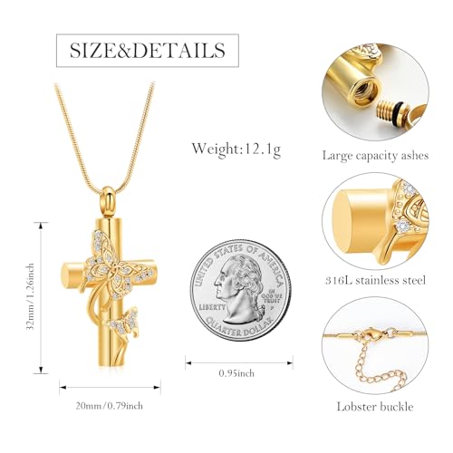 Butterfly Cross Urn Necklace for Ashes, Stainless Steel Memorial Keepsake Pendant for Men Women, Screw Top Seal Design Cremation Jewelry for Ashes Holder Cross Pendants for Ashe of Loved Gold
