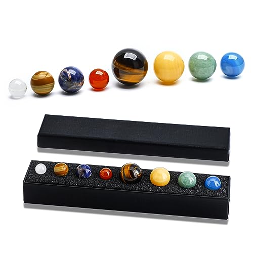 7 Chakra Natural Healing Spheres with LED Wooden Stand and Natural Gemstones Solar System Model Multicolor Space Decor 8 Plantes Model