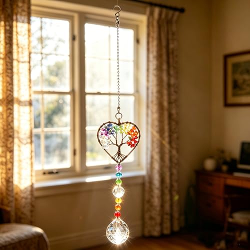 Window Hanging Suncatcher with Crystal, Tree of Life Suncatcher Garden Hanging Rainbow Maker Ornament (Tree of Life-Heart) Tree of Life-heart