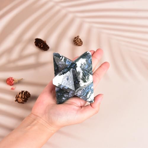 JIC Gem Amazing Gemstone Merkaba Moss Agate Metaphysical Merkaba Star for Energy Generator Crystal and Healing Stones for Grid Home Decor Protection Spiritual Gifts Reiki (6-7cm) 2.36-2.75 Inch
