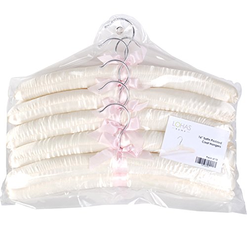 15" Luxurious Satin Padded Hangers with Anti-Rust Hook, for Dresses, Bridal, Lingerie, Woolen Items etc., Pack of 10, Cream Cream White