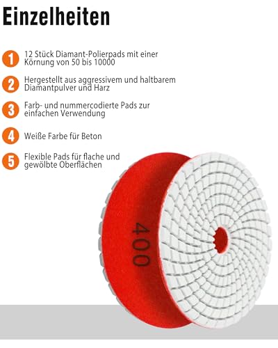 Diamond Polishing Discs Set of 16 – 125 mm 50-10000# with M14 Backing Pad | Concrete grinding disc for granite, stone, concrete and marble, includes M14 backing plate and adapter for polishing work 16 pieces 125mm diamond polishing discs