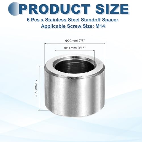 MECCANIXITY M14 stainless steel metal spacers, round unthreaded standoffs, silver, 14x22x15mm, 6-piece set