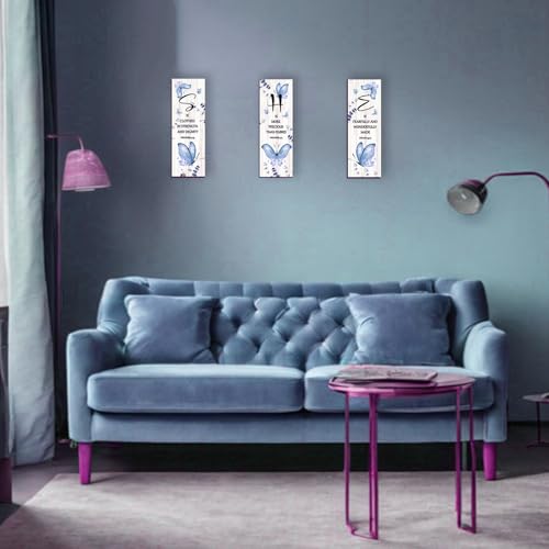 DONFENTHY 3 Pcs Butterfly Wall Decor Blue Room Decor Butterfly Wall Art Wooden Hanging with Religious Bible Word Sign for Women Room Bathroom Bedroom Office Decoration(Blue, 12x4 Inch)