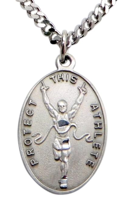 Track Pewter Runner Medal Necklace with St Sebastian Stainless Steel Chain
