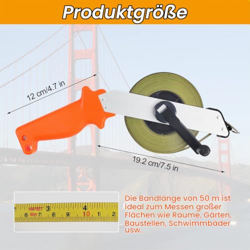 50M Steel Tape Measure with Ergonomic Handle | Langes 50-m-Stahlband mit gut greifbarem Gehäuse für Streckenmessungen auf Baustellen, im Garten und bei Außenarbeiten.