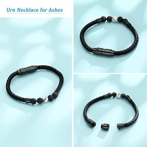 Lava Stone Urn Bracelet for Ashes Cremation Jewelry for Women Men Genuine Leather Memorial Rope Cuff Bangle Braided Bracelets Keepsake Jewelry for Loved Ones with Fill Tool 22cm 4 Lava Stone+1 White Howlite