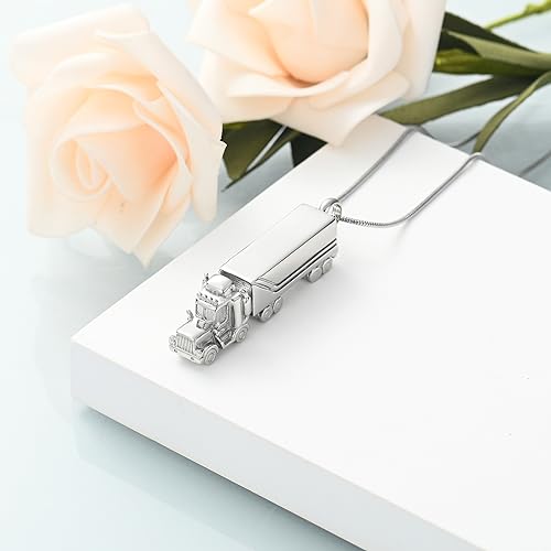 shajwo 18 Wheeler Semi Truck Urn Necklace for Ashes for Men Women Cremation Jewelry of Loved Ones Memorial Locket Pendant Silver