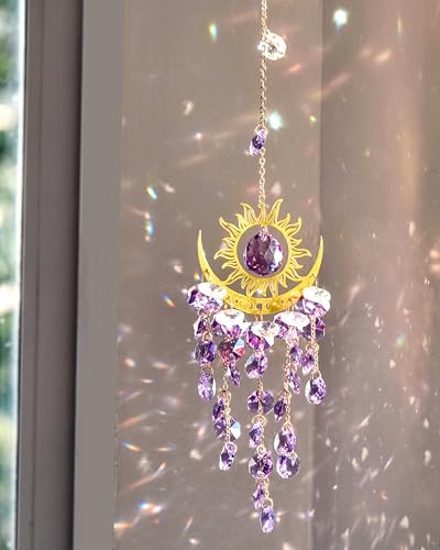 Prism Window Suncatcher Hanging Indoor Celestial Crystal Moon and Sun Catchers Rainbow Maker Purple