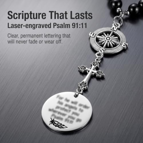Cross Car Charm, Stainless Steel Rear View Mirror Hanging Ornament with Psalm 91:11, Christian Religious Pendant Decor, Universal for Most Cars SUVs Trucks (Silver)