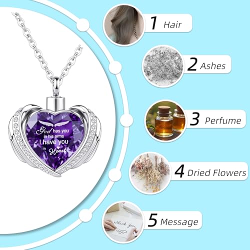 Cremation Jewelry Angel Wing Heart Urn Pendant Necklaces for Women Crystal Heart Urn Necklace with Mini Keepsake Urn Memorial Ash Jewelry