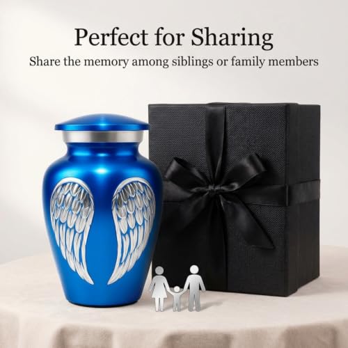 Small Urns for Human Ashes - Handheld Funeral Keepsake & Token Urn for Sharing Portions of Ashes - Blue Memorial Angel Wings Design to Honor a Loved One Small