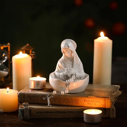 Lineshading Mary Rosary Holder Statue, Classical, White Classic