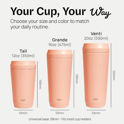TOPL To Go Coffee Cup – Insulated Travel Coffee Mug with 360° Leak‑Safe Lid, Stainless Steel Coffee Tumbler for Hot/Cold, Spill‑Resistant, BPA‑Free - Peach, 20 oz