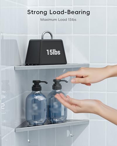 DAYONE 2 Pack Corner Shower Shelves 10", Chrome 304 Stainless Steel Recessed Bathroom Shelf with Razor Holding Hole and 2 Hools, for Tiled Wall No Drilling Needed 2 Hooks-10”