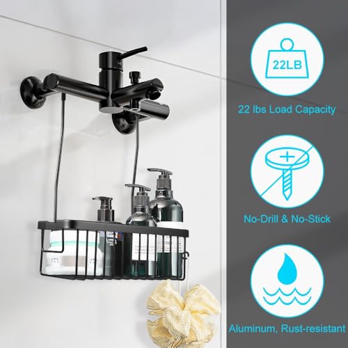 Kalekey Shower Hanging Caddy, No Drill Shower Shelf, Heavy Duty Aluminum Organizer Basket, Bathroom Storage for Shampoo, Soap & Toiletries, Black
