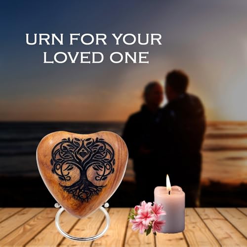 5MOONSUN5's Wooden Heart Tree of Life Engraved Urn Keepsake Cremation Urn for Human pet Ashes Handcrafted Urn Heart Shaped - Perfect for Adults & Infants with Brass Stand 3 inch