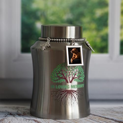 Medium Urn for Human Ashes with Picture Frame Stainless Steel Tree of Life Cremation Big Urn Decorative Memorial Funeral Burial Urn for Ashes Dad Mom Male Female Keepsake Small urn for Human