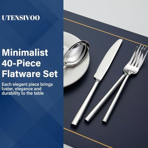 40-Piece Silverware Set for 8，Minimalist Flatware Set 18/10 Stainless Steel，Fine Cutlery Set with Forks, Knives, Spoons，Durable and Elegant Design Tableware，Dishwasher Safe 40