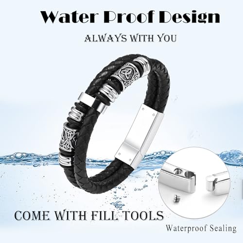 zeqingjw Urn Bracelet for Ashes for Men Viking Thor's Hammer Cremation Bracelet Ashes Keepsake Bangle Leather Braided Urn Jewelry for Loved One Silver 24CM