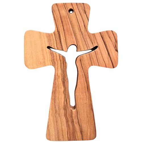 Wooden Pocket Cross - Bethlehem Olive Wood - 3-in-1 Design: Standing, Hanging, or Holding - Hand-Carved Jesus Silhouette - Includes Velvet Pouch, Prayer Card, & Certificate (4.2 Inches) Jesus - Savior