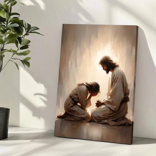 Framed Jesus Comforting Woman Canvas Print Wall Art Religious Canvas Print, Inspirational Christian Picture Spiritual Poster, Home Church Office Living Room Decor Ready to Hang 12x16 Inch Jesus heals 12x16in