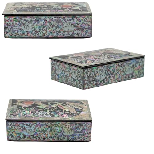 February Mountain Mother of Pearl Trinket Box Organizer for Business Cards, Jewelry or Keys - Small Wooden Box Inlaid - Gifts for Women and Men Ideal for Gifts and Keepsakes (Crane with Pine Tree) Crane with Pine Tree