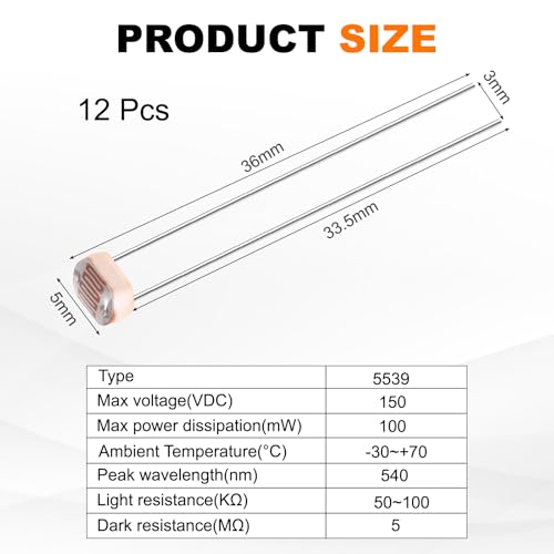 sourcing map 12 Pieces Photoresistor Kit 5mm Light Dependent Resistor (LDR) Light Sensitive Resistor Passive Components for DIY Industrial Experiments, GL5539 50~100KΩ