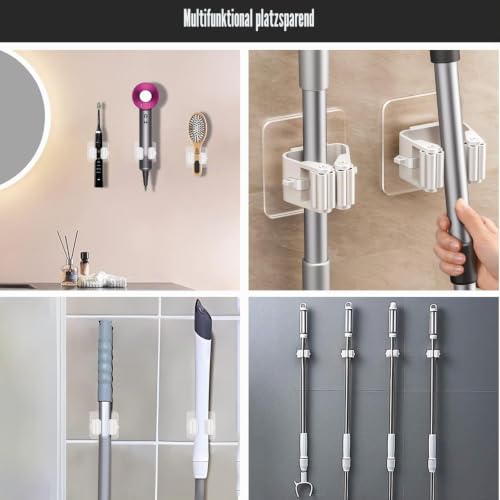 8 Pack Self Adhesive Mop Holder Wall Mounted Organizer Clip Broom Clips No Drilling for Bathroom Kitchen Office Closet Garden Garage Utility Room Tool Rack Storage - White