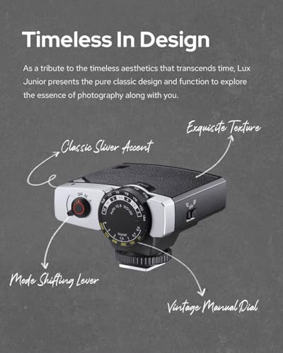 Godox Lux Junior Retro Camera Flash with Diffuser, Speedlite GN12 6000K±200K CCT, Automatic and Manual Modes 1/1-1/64 Flash Power, 28mm Focal Length for Canon Nikon Sony Fuji Olympus Hot Shoe Cameras Grey