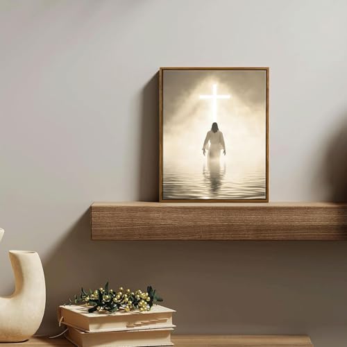 Jesus Walking on Water Canvas Wall Art - Modern Framed Christian Decor, Divine Light Toward Holy Cross, Spiritual Religious Pictures for Prayer Room, Church, Home Office (12x16in) Framed-2 16"L x 12"W