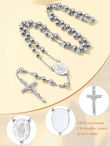 Custom4U Personalized Rosary with Picture Custom Rosary Necklace for Women 4.6-St Christopher Silver